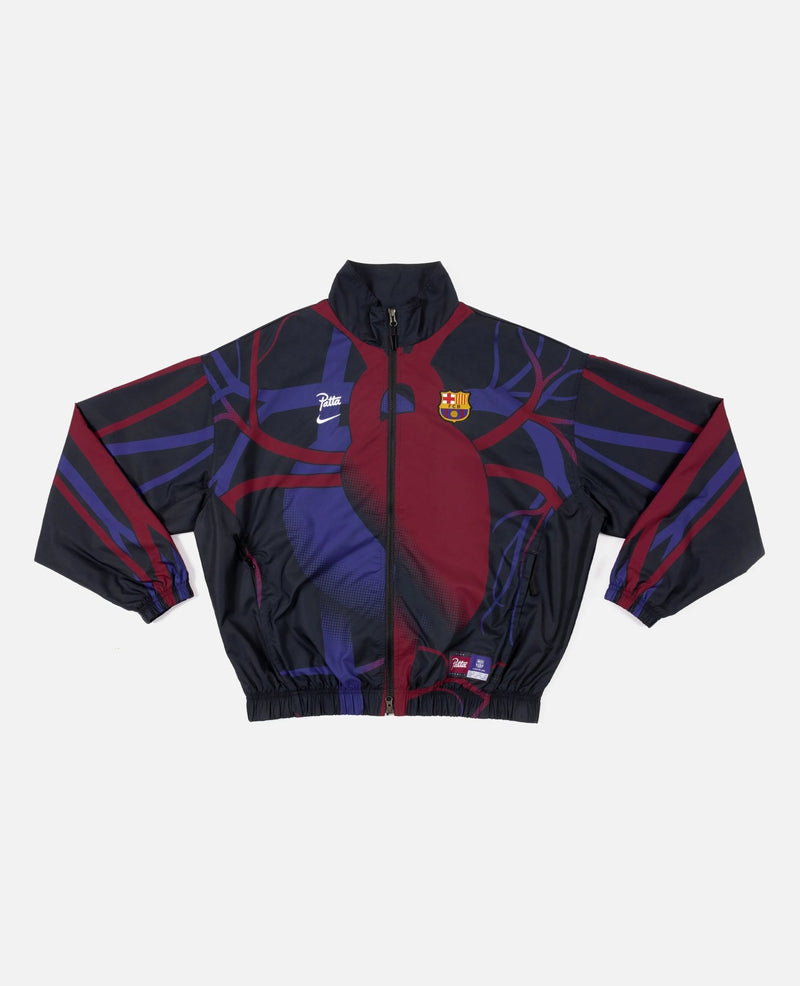 Front view of the FCB x Patta Culers del Món track jacket with blue and red heart graphic.