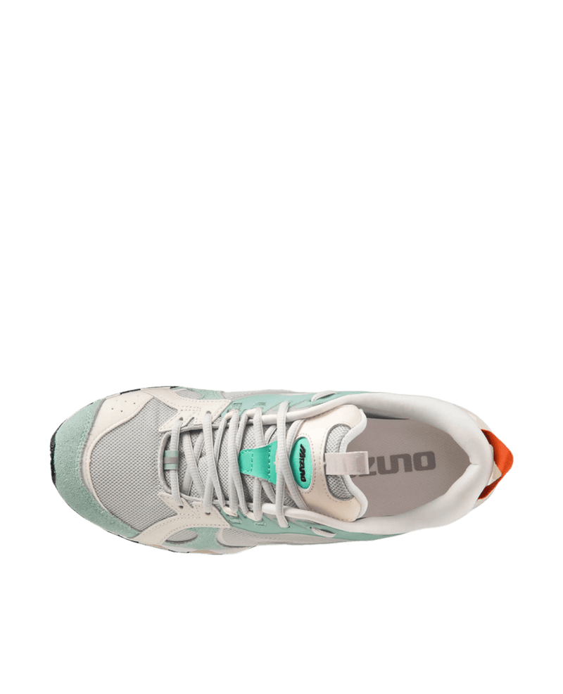 Top view of the Mizuno Wave Prophecy Beta sneaker in gray violet, snow white, and blue surf colorway.