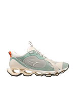 Mizuno Wave Prophecy Beta sneaker in Gray Violet and Blue Surf mesh and suede, side profile.