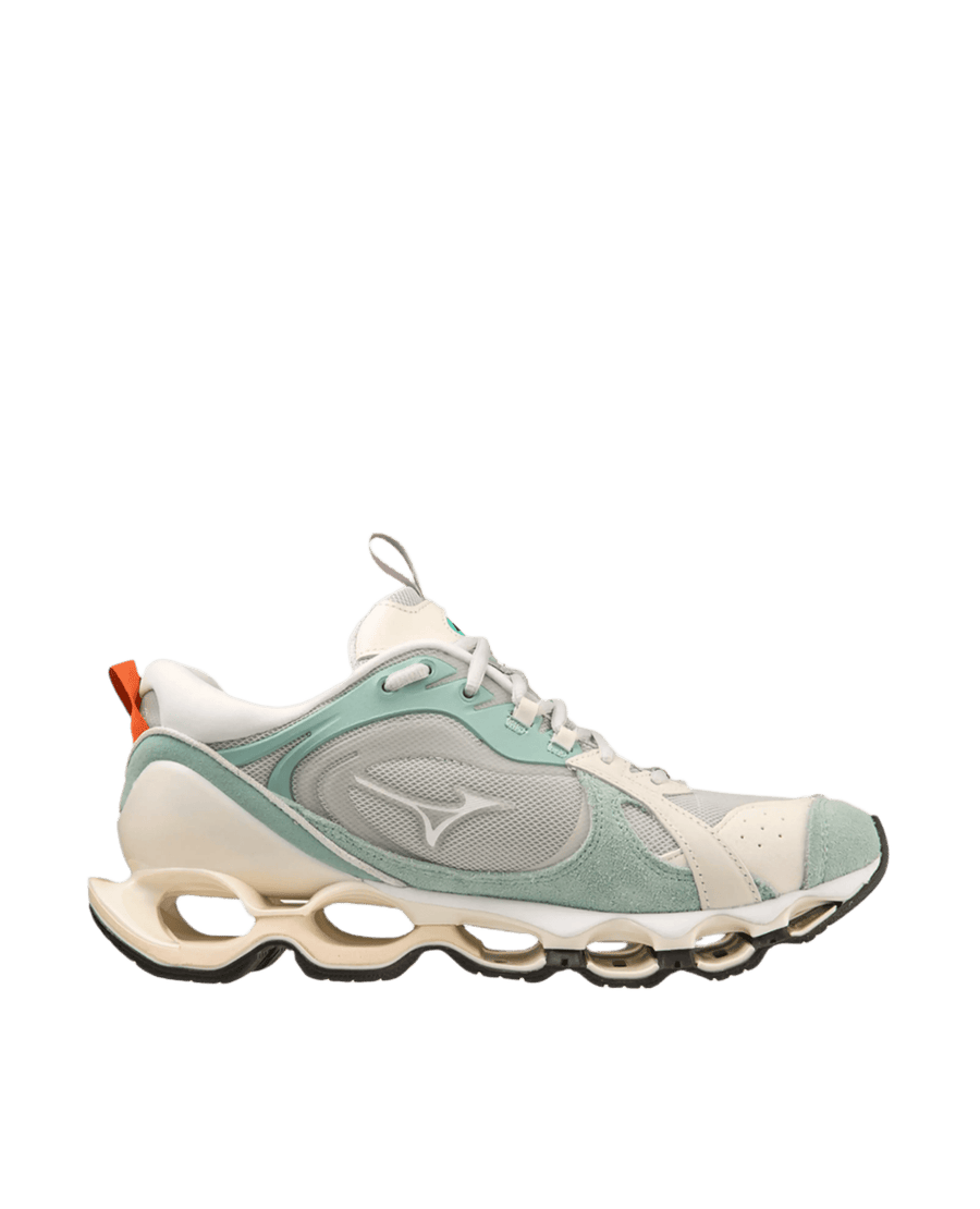 Mizuno Wave Prophecy Beta sneaker in Gray Violet and Blue Surf mesh and suede, side profile.