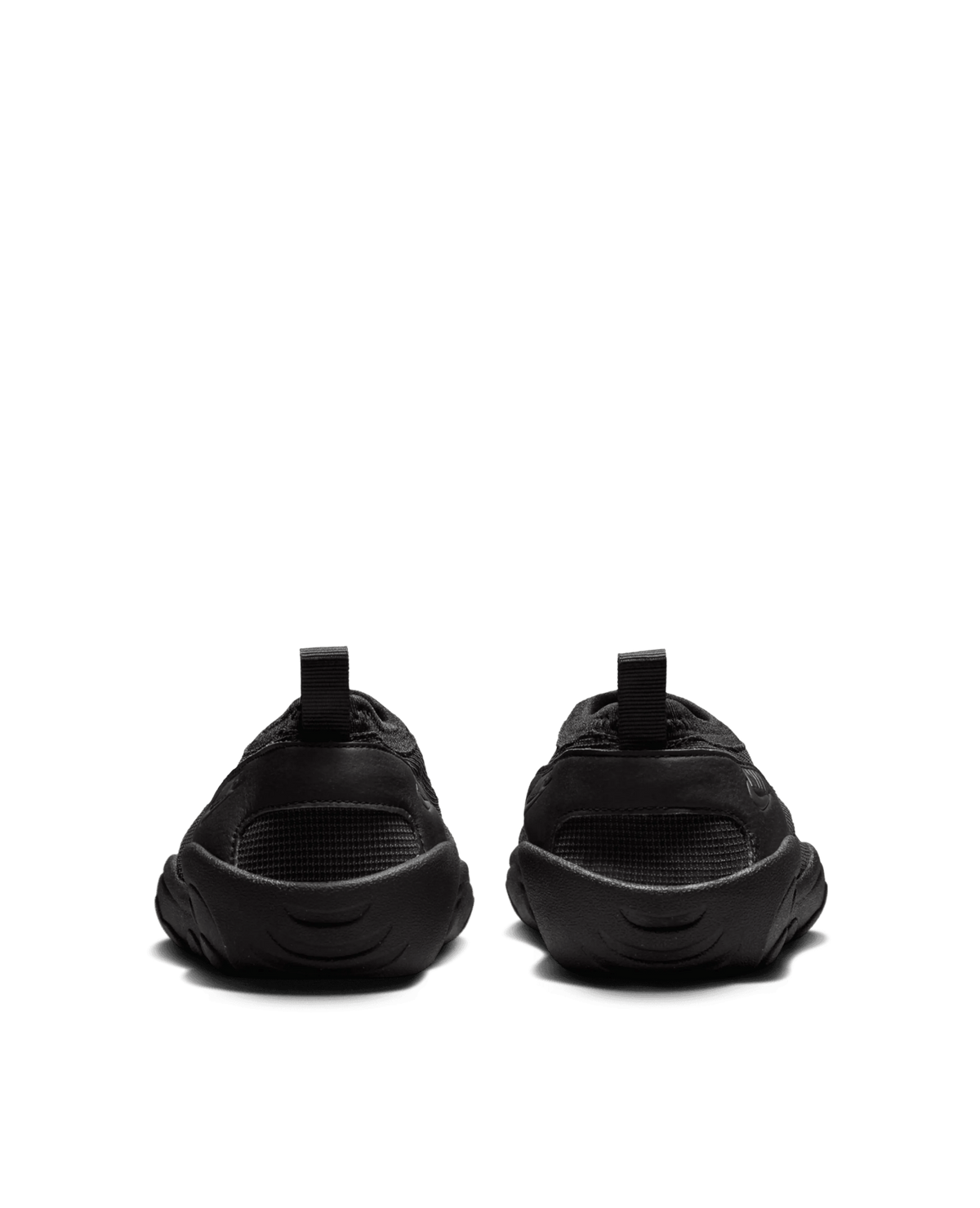 Rear view of Nike Aqua Turf sneakers in black and off noir on a dark background.