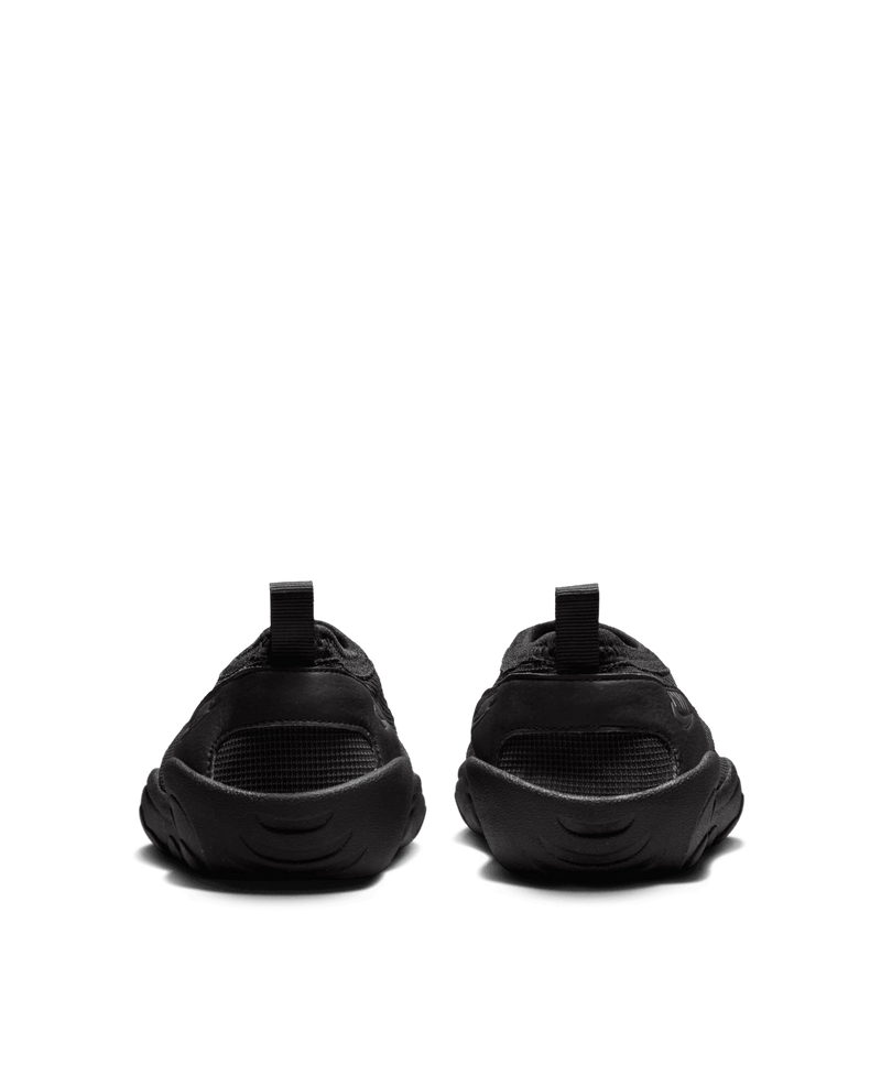 Rear view of Nike Aqua Turf sneakers in black and off noir on a dark background.
