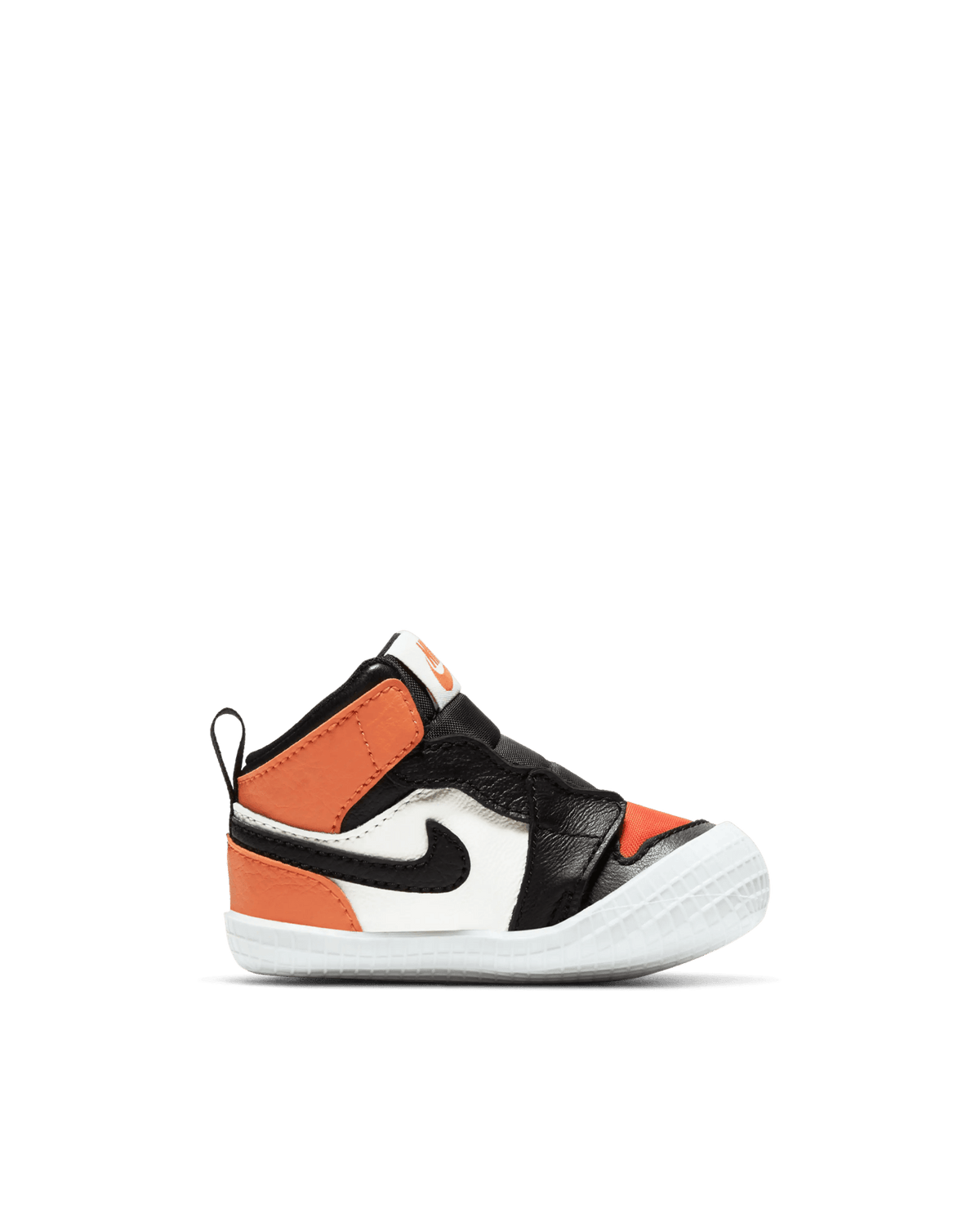 Nike Jordan 1 Crib Bootie infant sneaker in a sail, black, and starfish orange colorway from a side view.