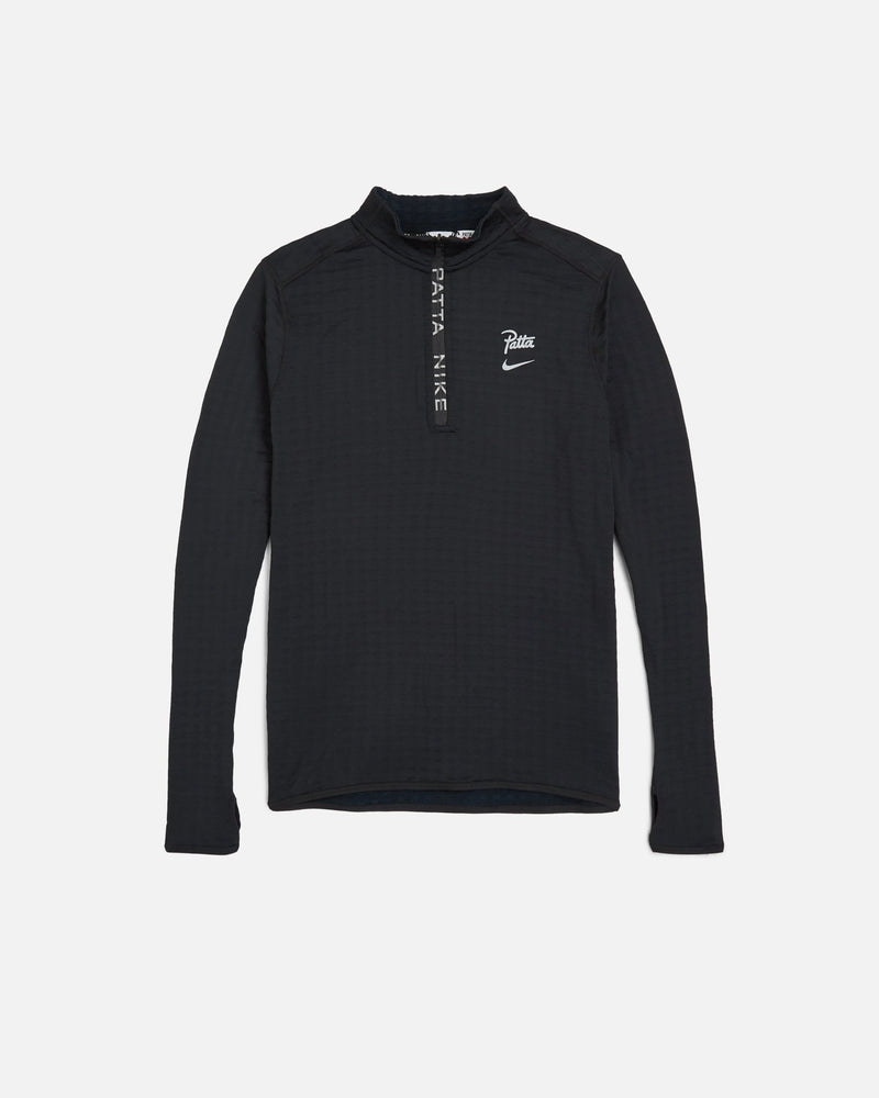 Black Nike x Patta Running Team half-zip longsleeve top with branded zipper placket and chest logo.