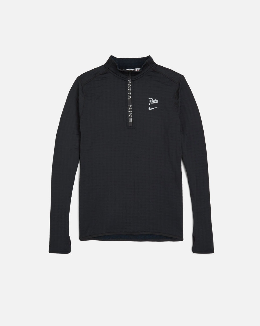 Black Nike x Patta Running Team half-zip longsleeve top with branded zipper placket and chest logo.