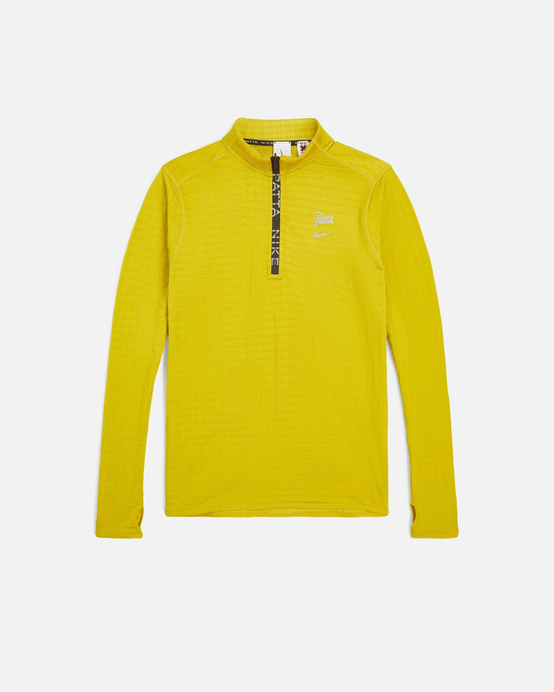 Nike x Patta Running Team half-zip longsleeve top in saffron quartz yellow, shown from the front.