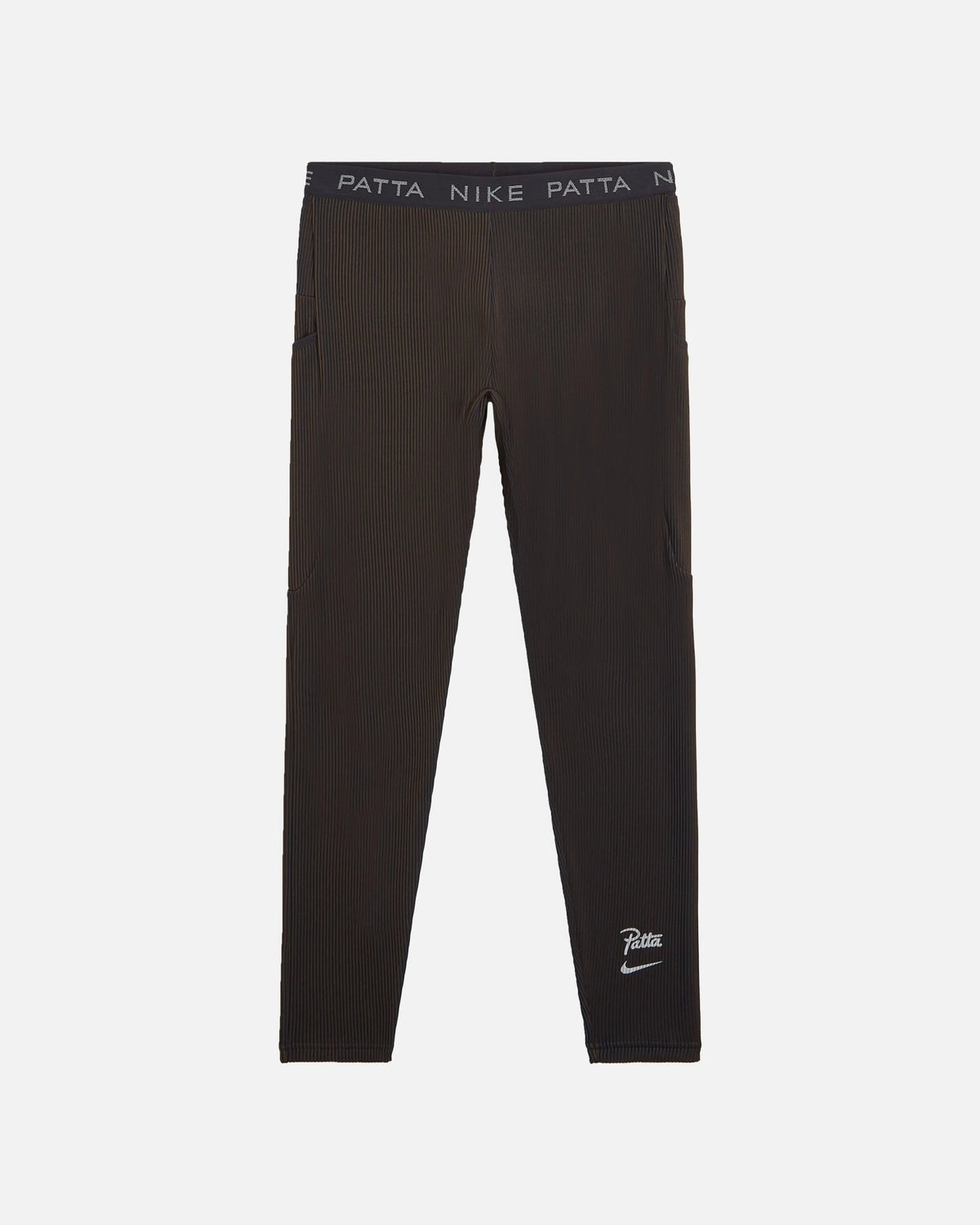 Nike x Patta Running Team ribbed leggings in black and deep royal blue, front view.
