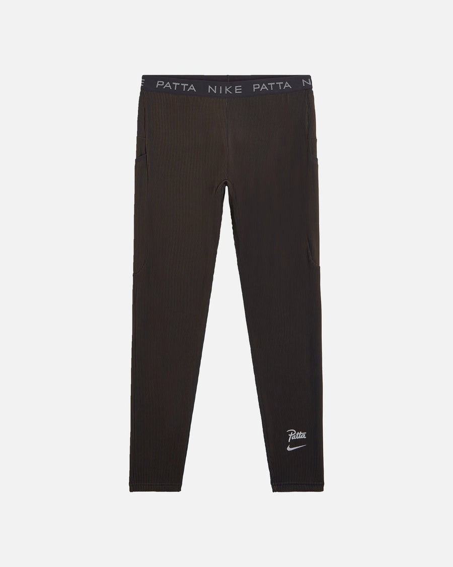 Nike x Patta Running Team ribbed leggings in black and deep royal blue, front view.