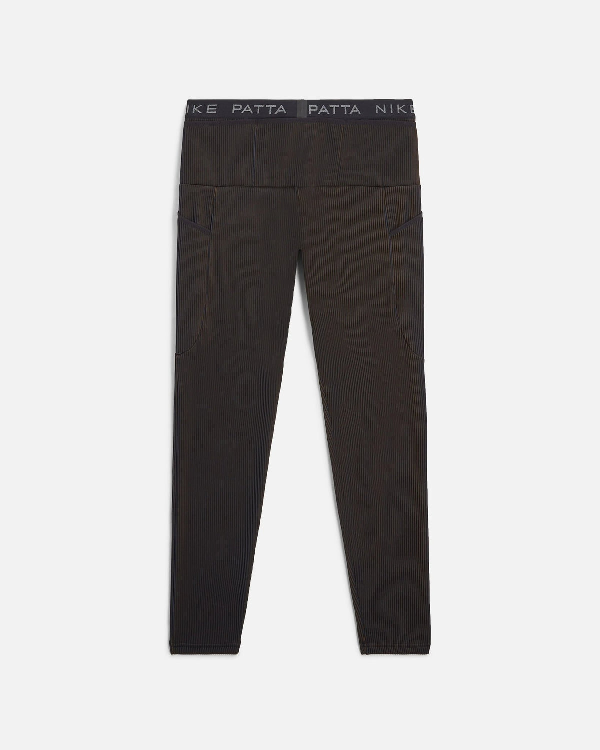 Nike x Patta Running Team leggings in black ribbed fabric with branded waistband and side pockets.