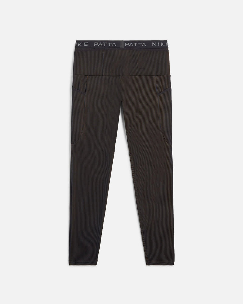 Nike x Patta Running Team leggings in black ribbed fabric with branded waistband and side pockets.