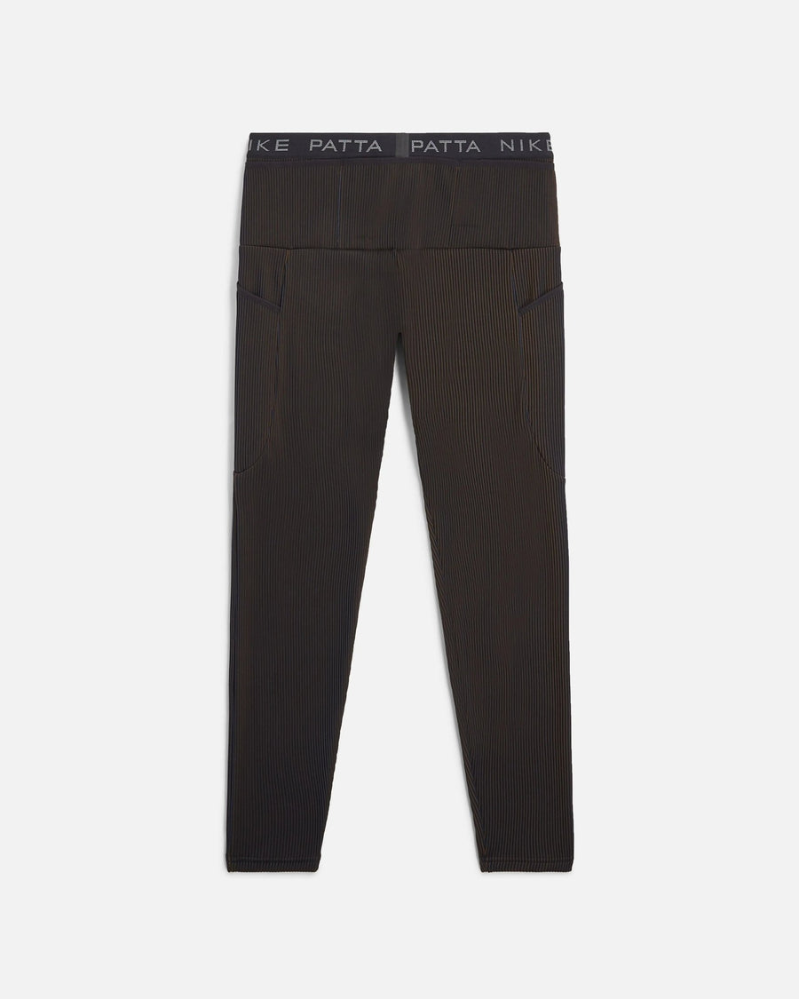 Nike x Patta Running Team leggings in black ribbed fabric with branded waistband and side pockets.