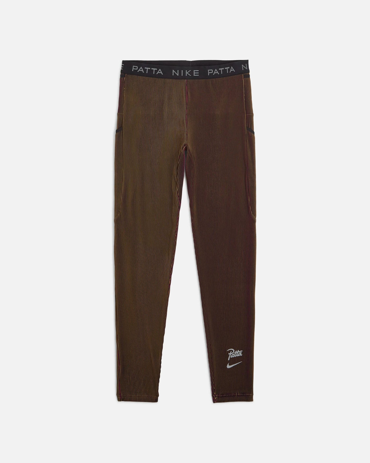 Nike x Patta Running Team leggings in ribbed, color-shifting Fireberry and Sundial.