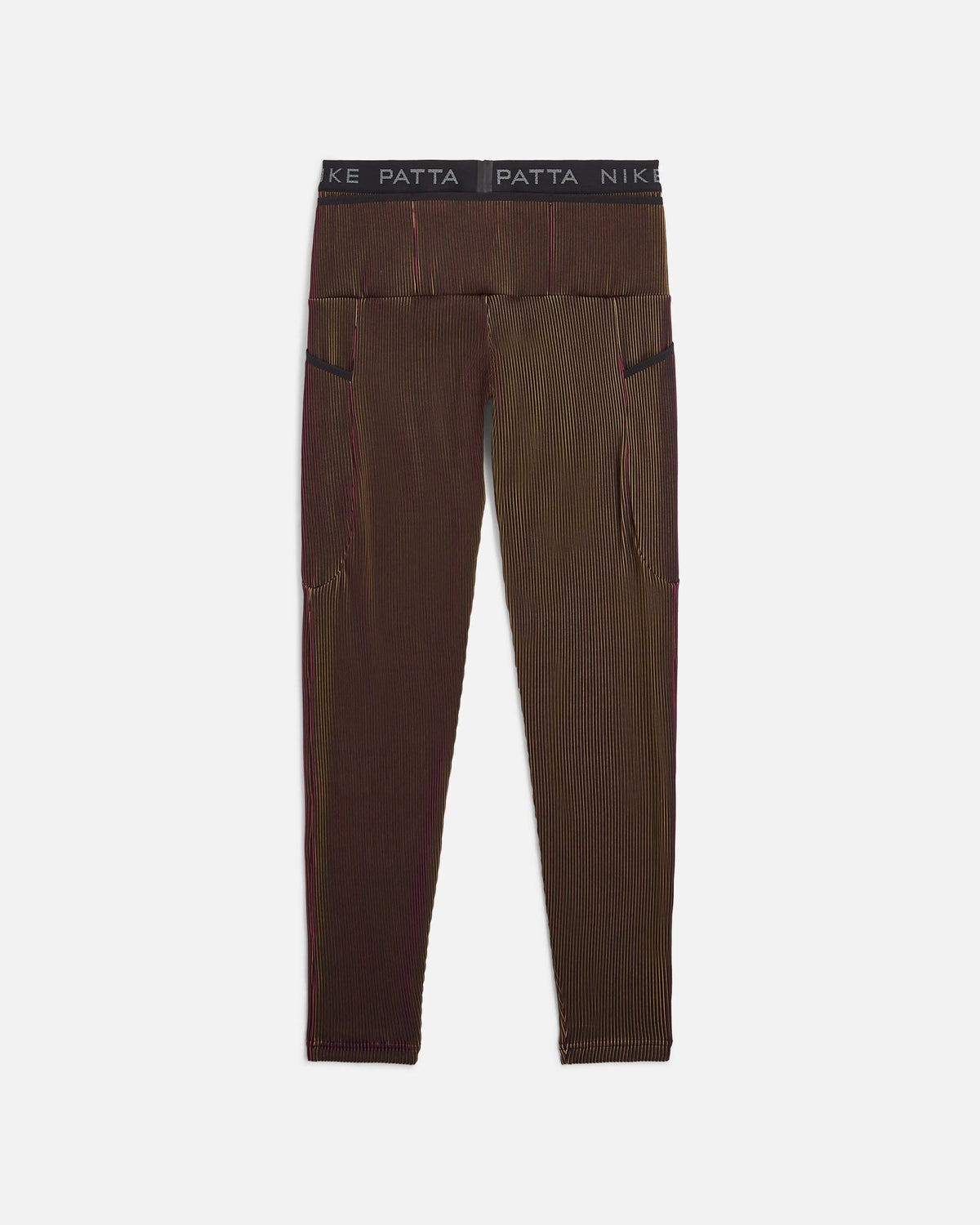 Front view of Nike x Patta Running Team leggings in Fireberry and Sundial ribbed fabric.