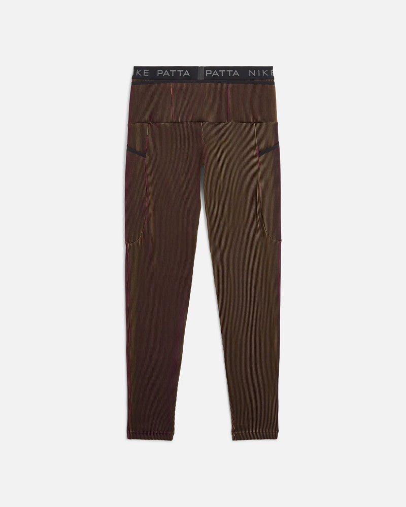 Front view of Nike x Patta Running Team leggings in Fireberry and Sundial ribbed fabric.