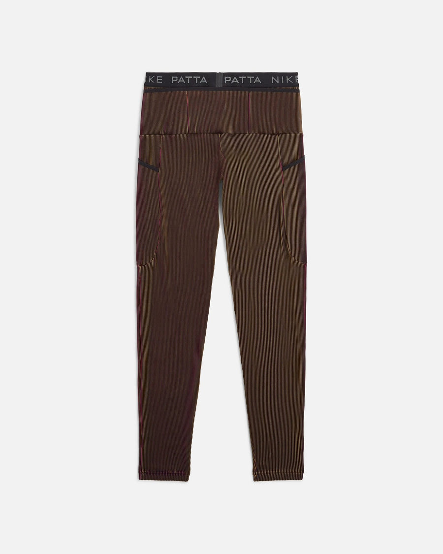 Front view of Nike x Patta Running Team leggings in Fireberry and Sundial ribbed fabric.