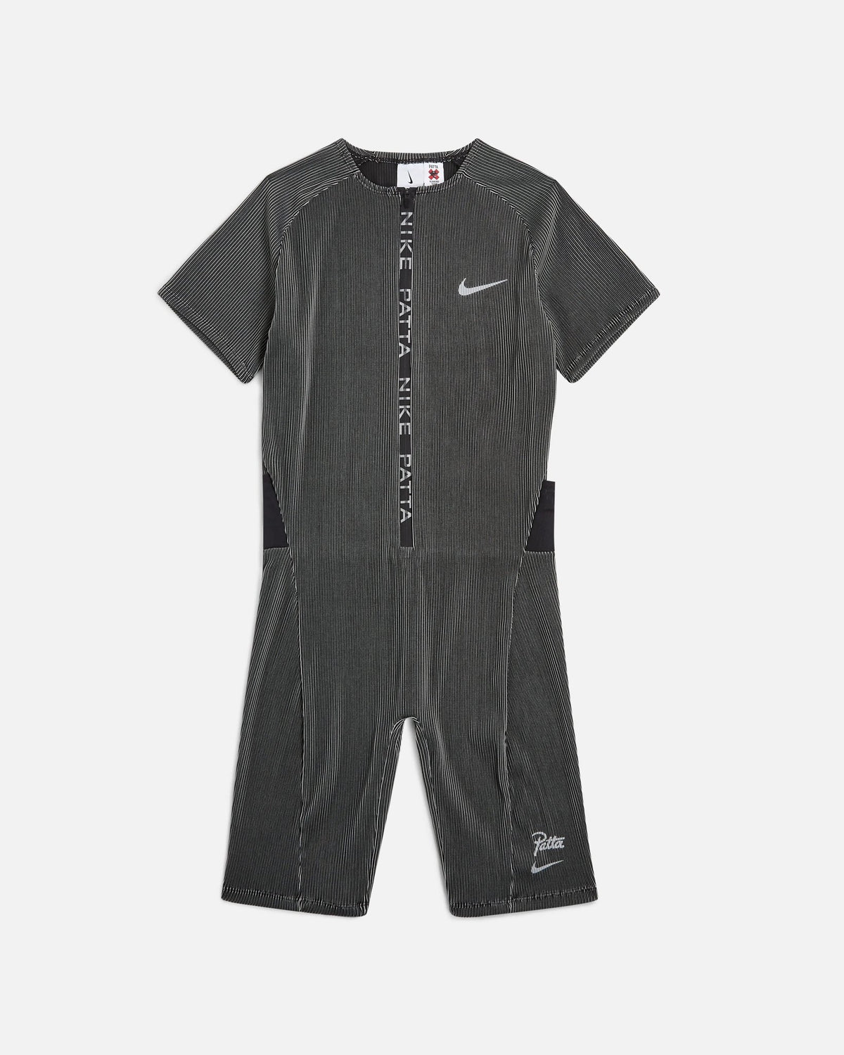 Nike x Patta Running Team race suit in black and grey striped stretch fabric, shown from the front.