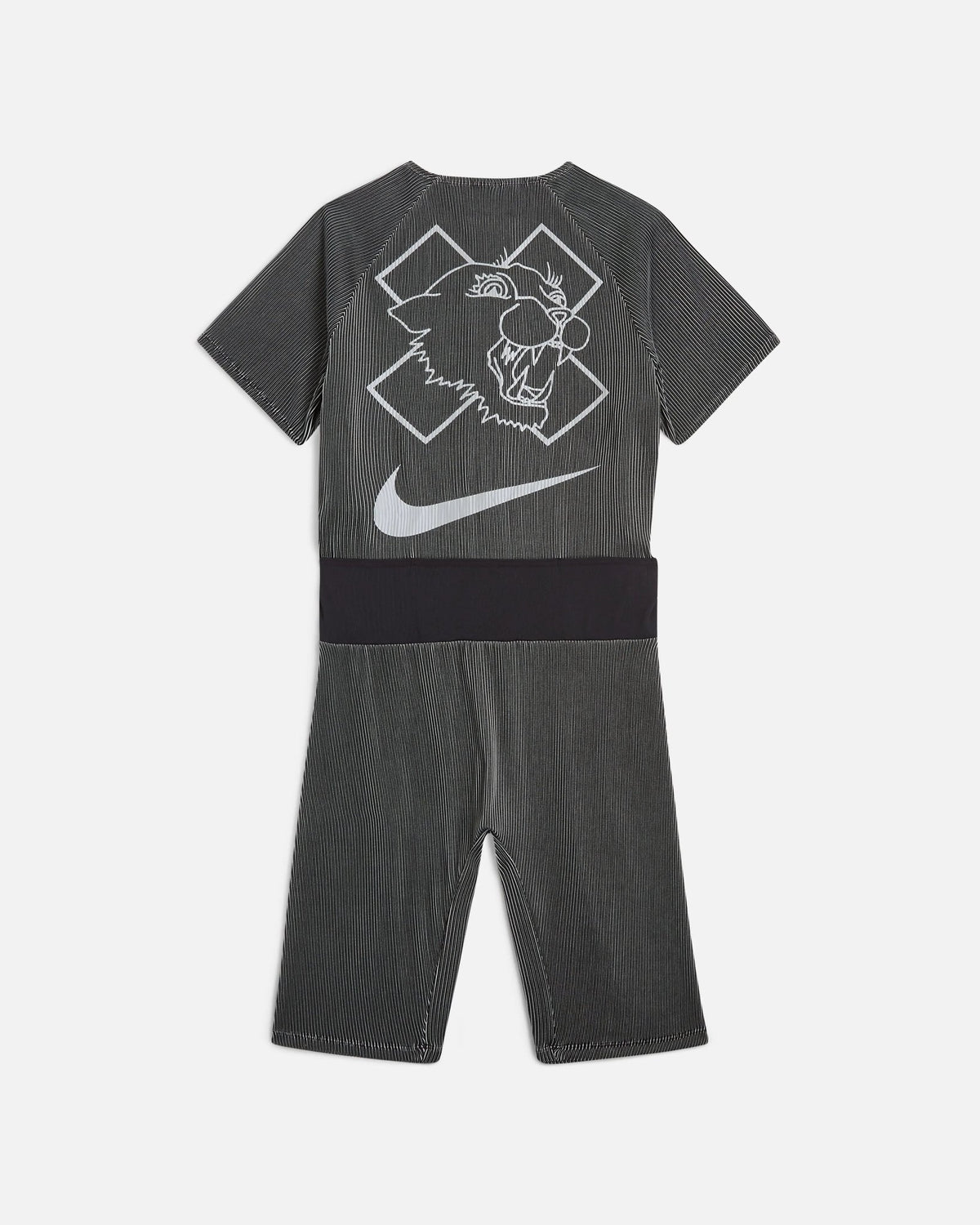 Back view of the Nike x Patta Running Team race suit in black and grey with panther graphic and Swoosh.