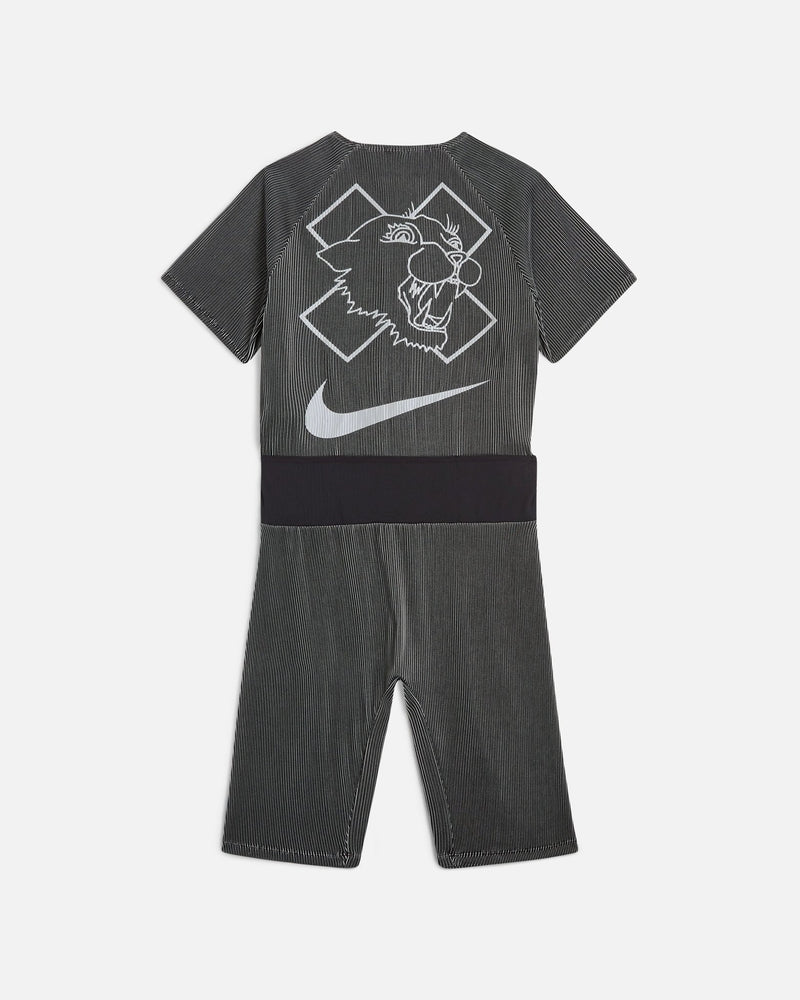 Back view of the Nike x Patta Running Team race suit in black and grey with panther graphic and Swoosh.