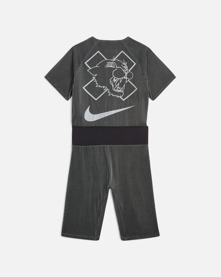 Back view of the Nike x Patta Running Team race suit in black and grey with panther graphic and Swoosh.