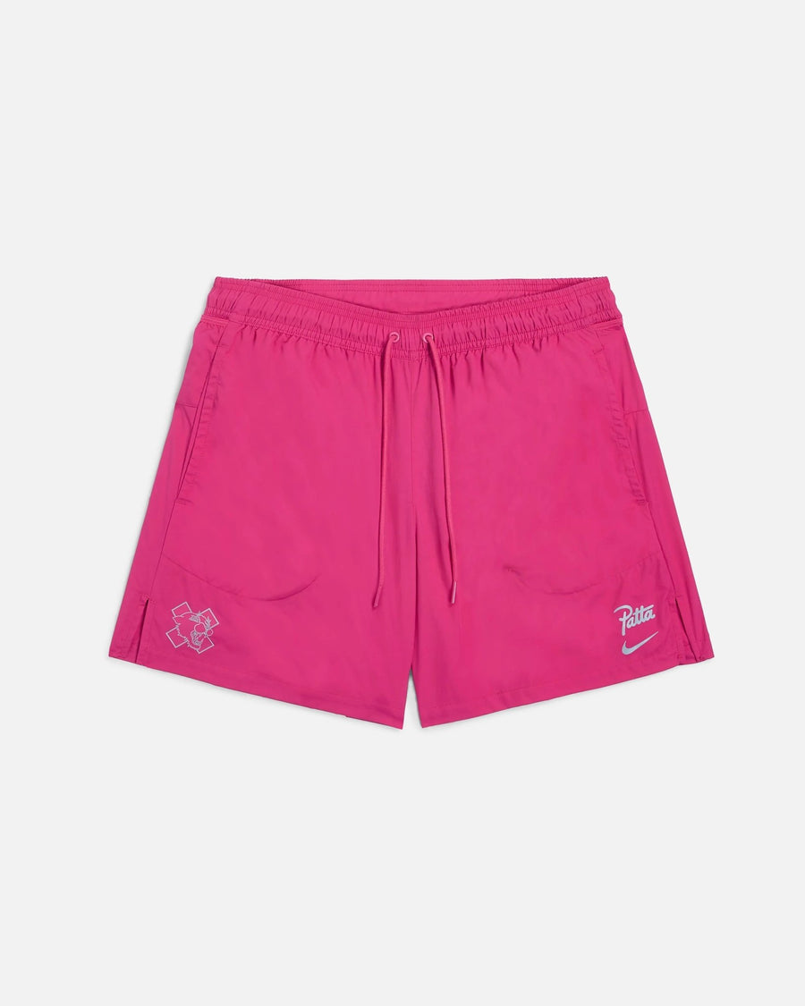 Nike x Patta Running Team shorts in vibrant Fireberry pink nylon with elastic drawstring waist.