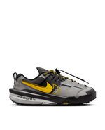 Side profile of Nike Zegamadome x Sacai sneaker in matte silver, tour yellow, and black.