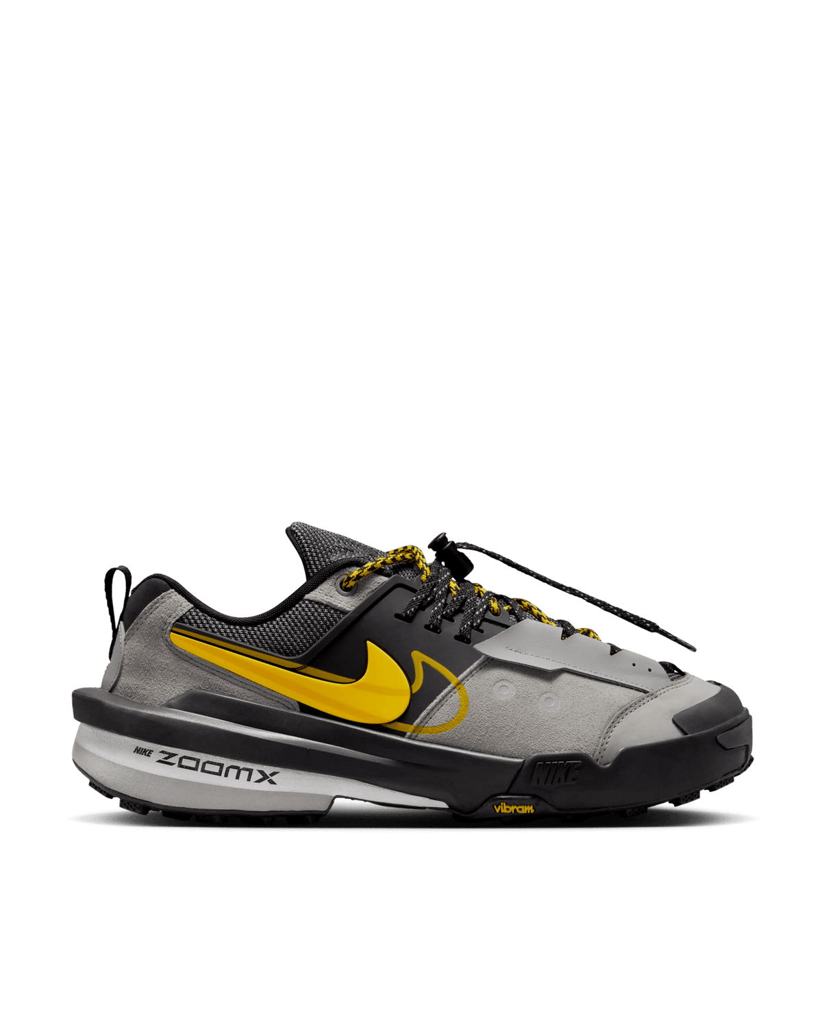 Side profile of Nike Zegamadome x Sacai sneaker in matte silver, tour yellow, and black.