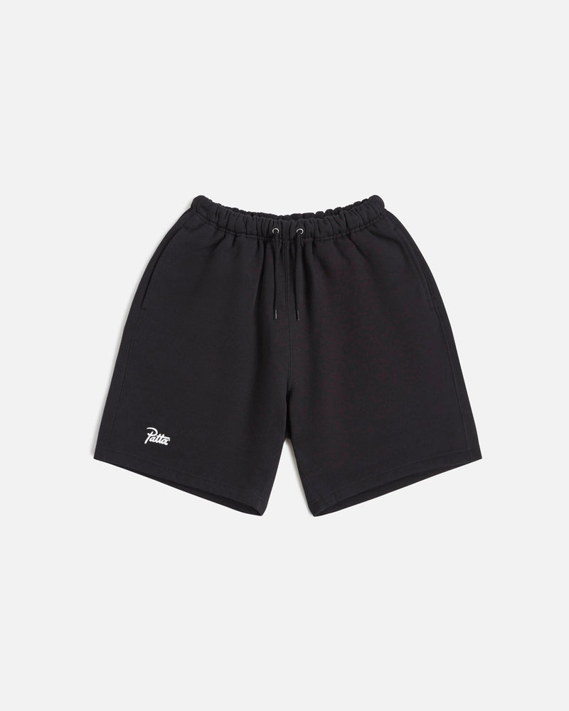 Black Patta classic jogging shorts featuring an elastic drawstring waist and white script logo.