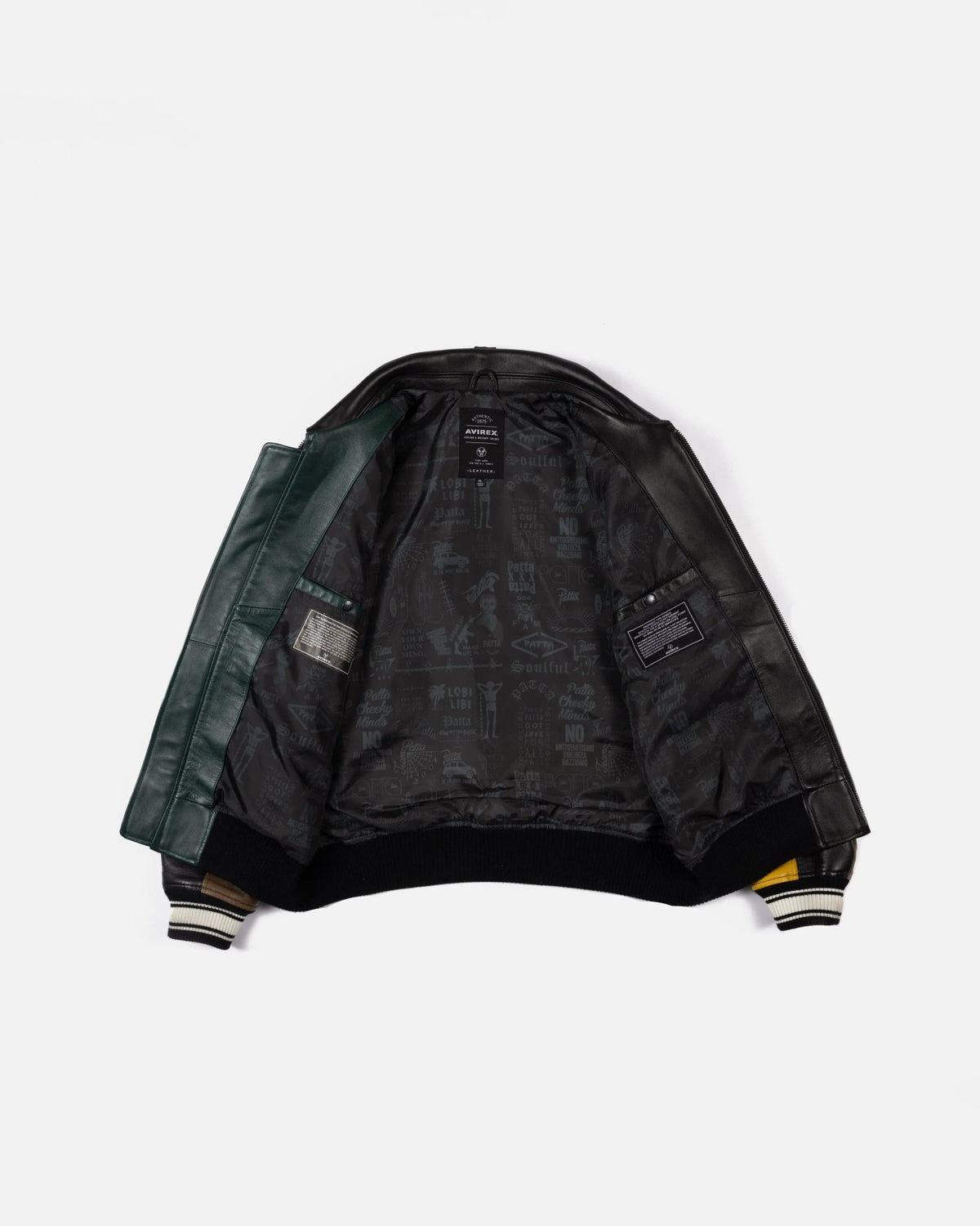 Inside graphic print lining of the Patta x Avirex Icon leather jacket.