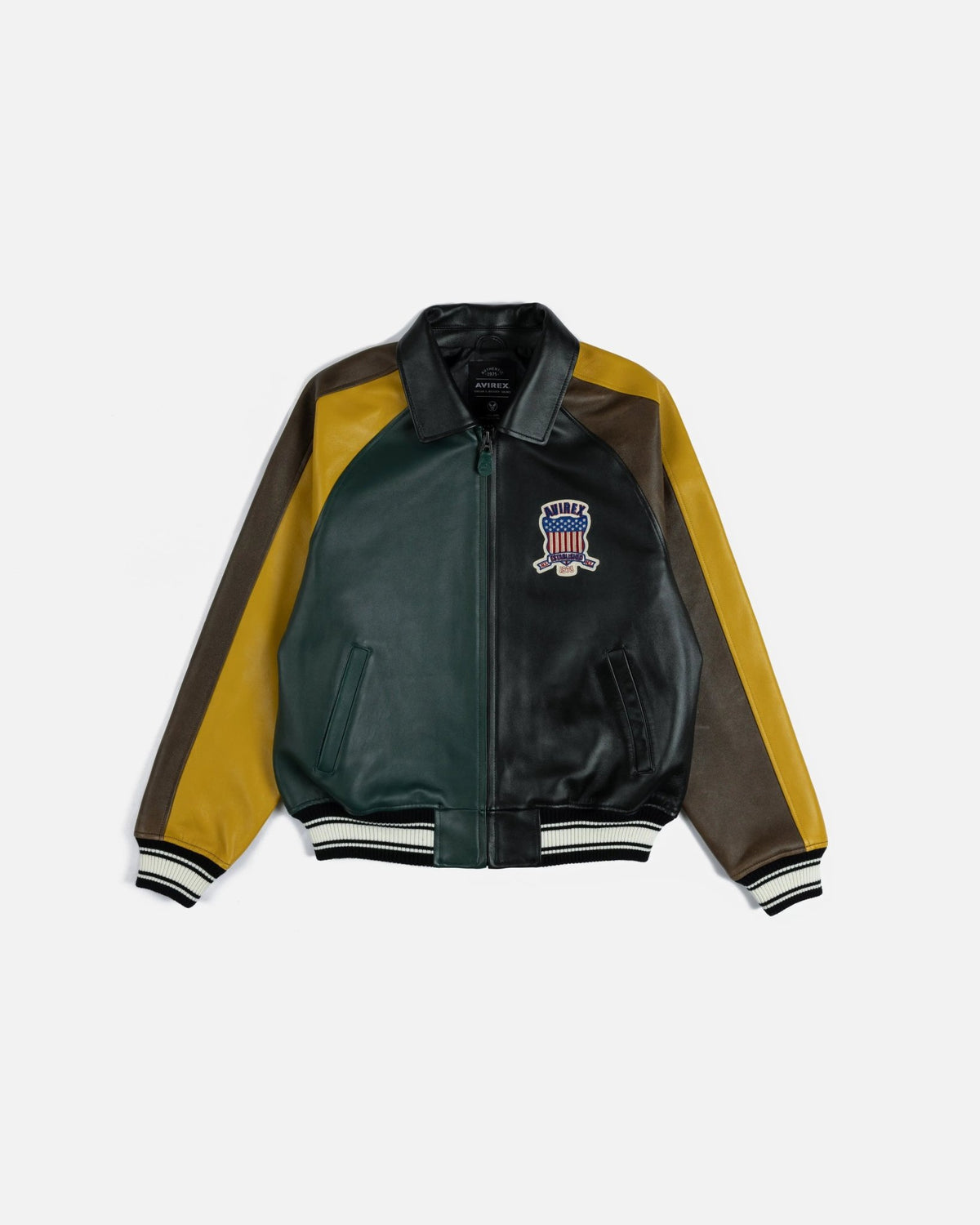 Front view of the Patta x Avirex Icon multi-color leather jacket.