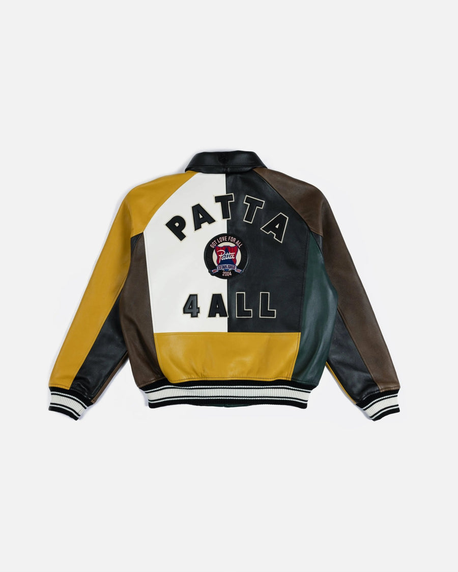Back view of the multicolor Patta x Avirex Icon leather jacket featuring Patta 4 All lettering.