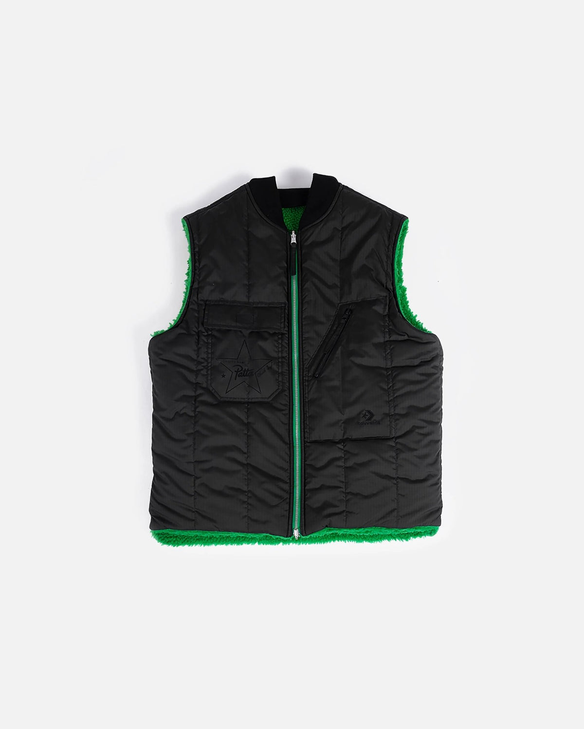 Patta x Converse reversible vest in black quilted nylon with green fleece lining on a white background.