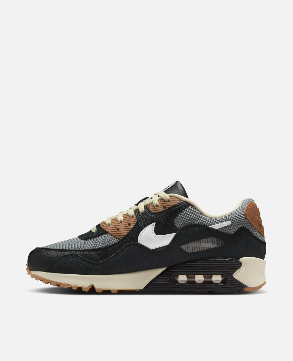 Side profile of the Patta x Nike Air Max 90 SP sneaker in black, particle grey, and anthracite.
