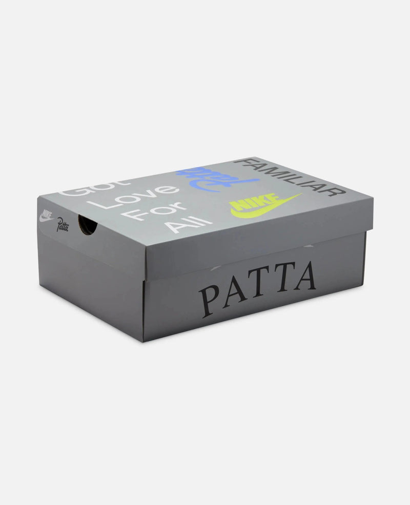 Grey Patta x Nike Air Max 90 SP shoebox featuring typography and branding.