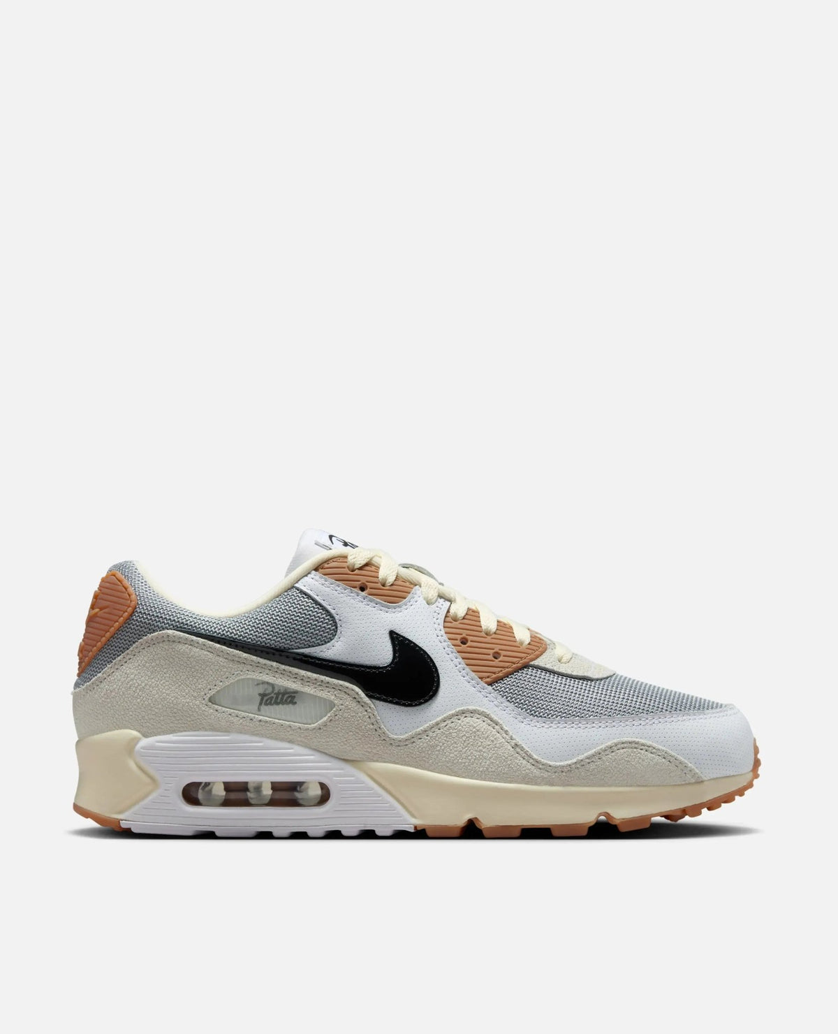 Side profile of the Patta x Nike Air Max 90 SP sneaker in Particle Grey, Black, and Coconut Milk.