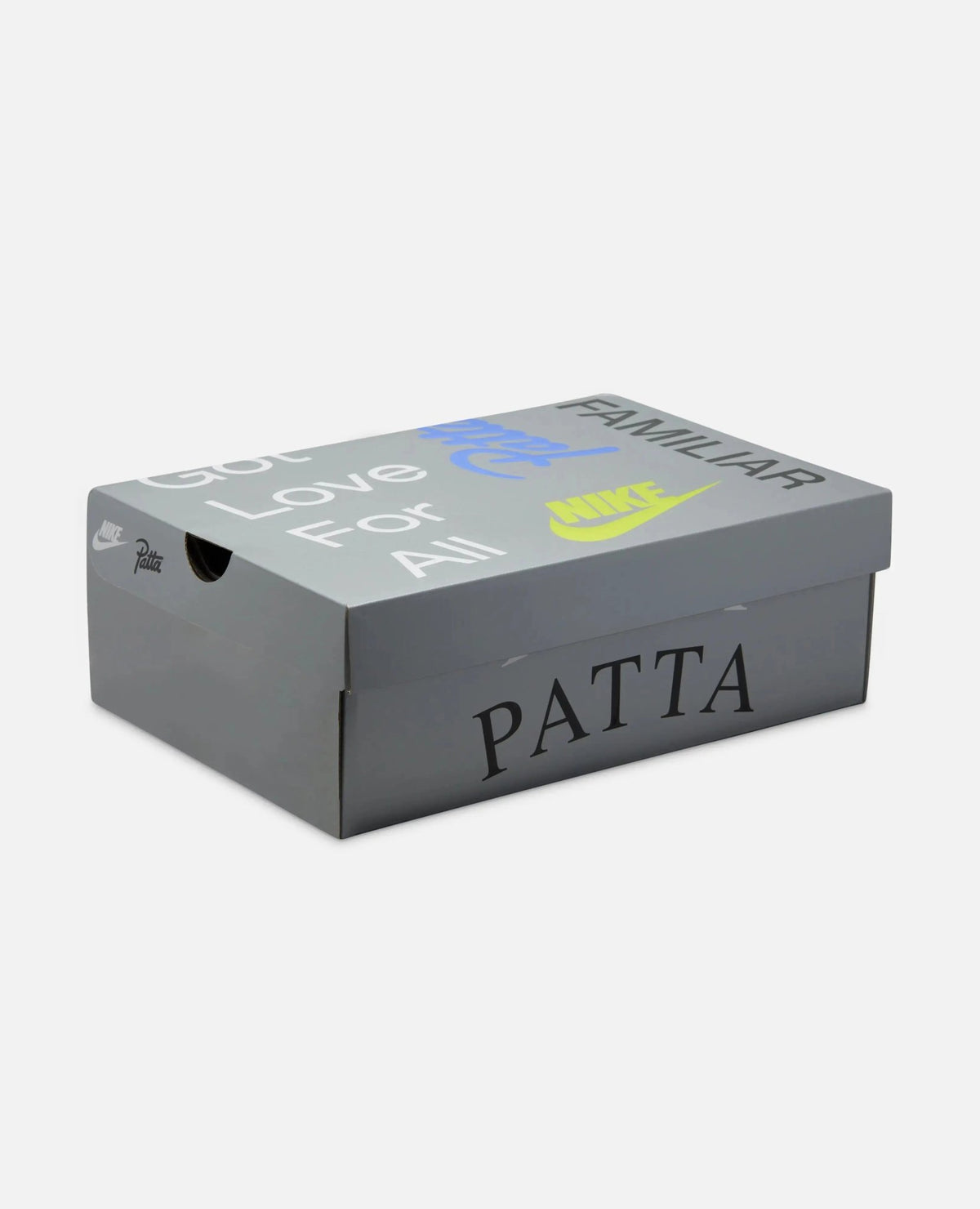 Grey custom shoebox for the Patta x Nike Air Max 90 SP featuring collaborative branding.