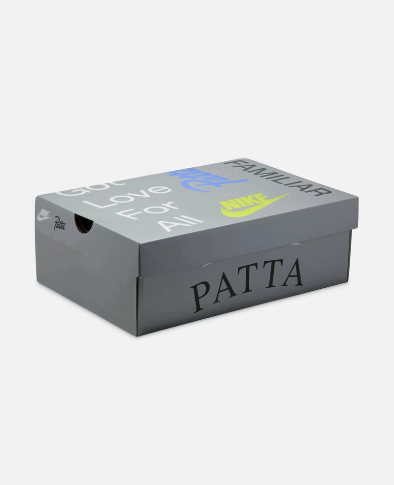 Grey custom shoebox for the Patta x Nike Air Max 90 SP featuring collaborative branding.