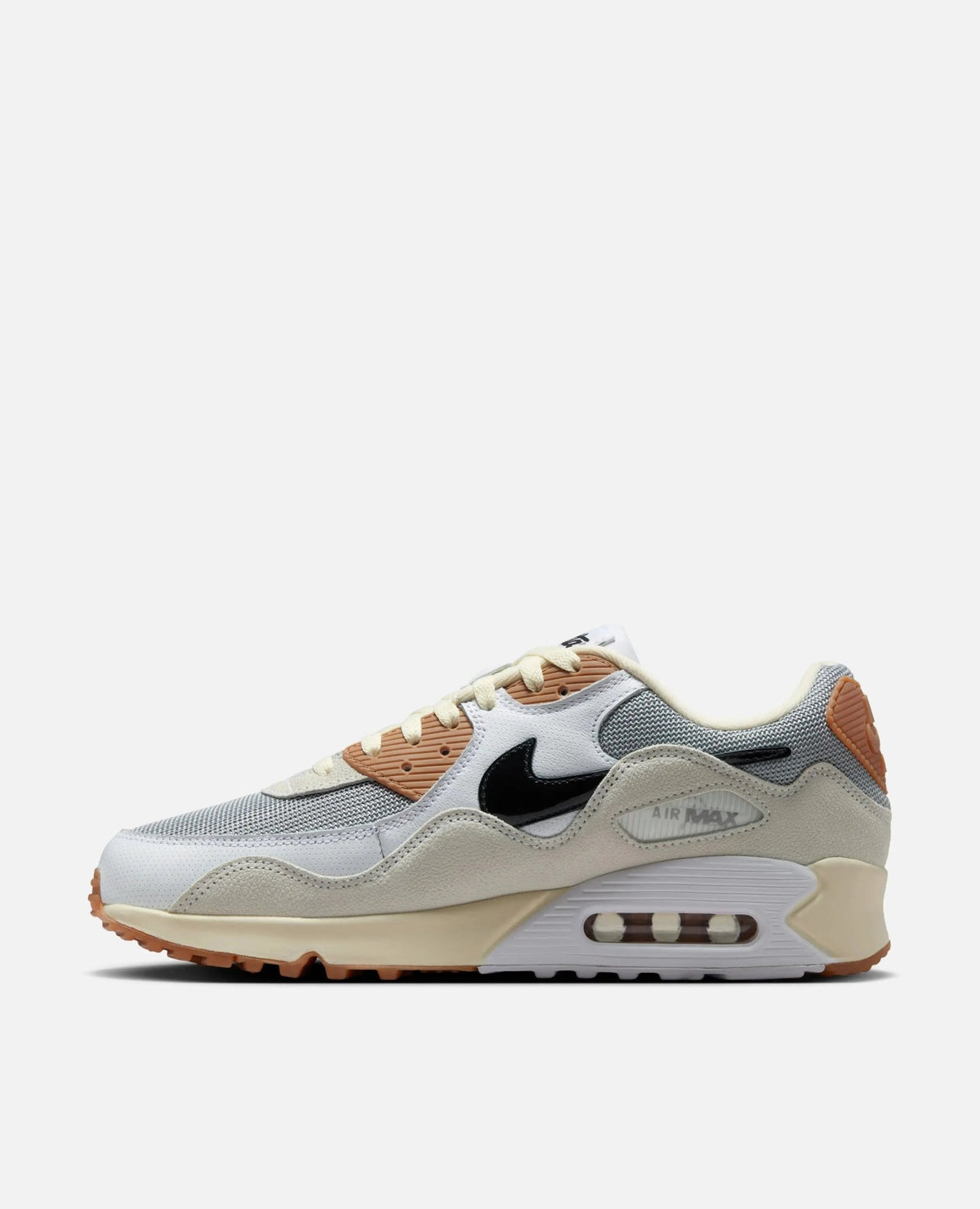 Patta x Nike Air Max 90 SP sneaker in Particle Grey, White, and Coconut Milk in a lateral side view.