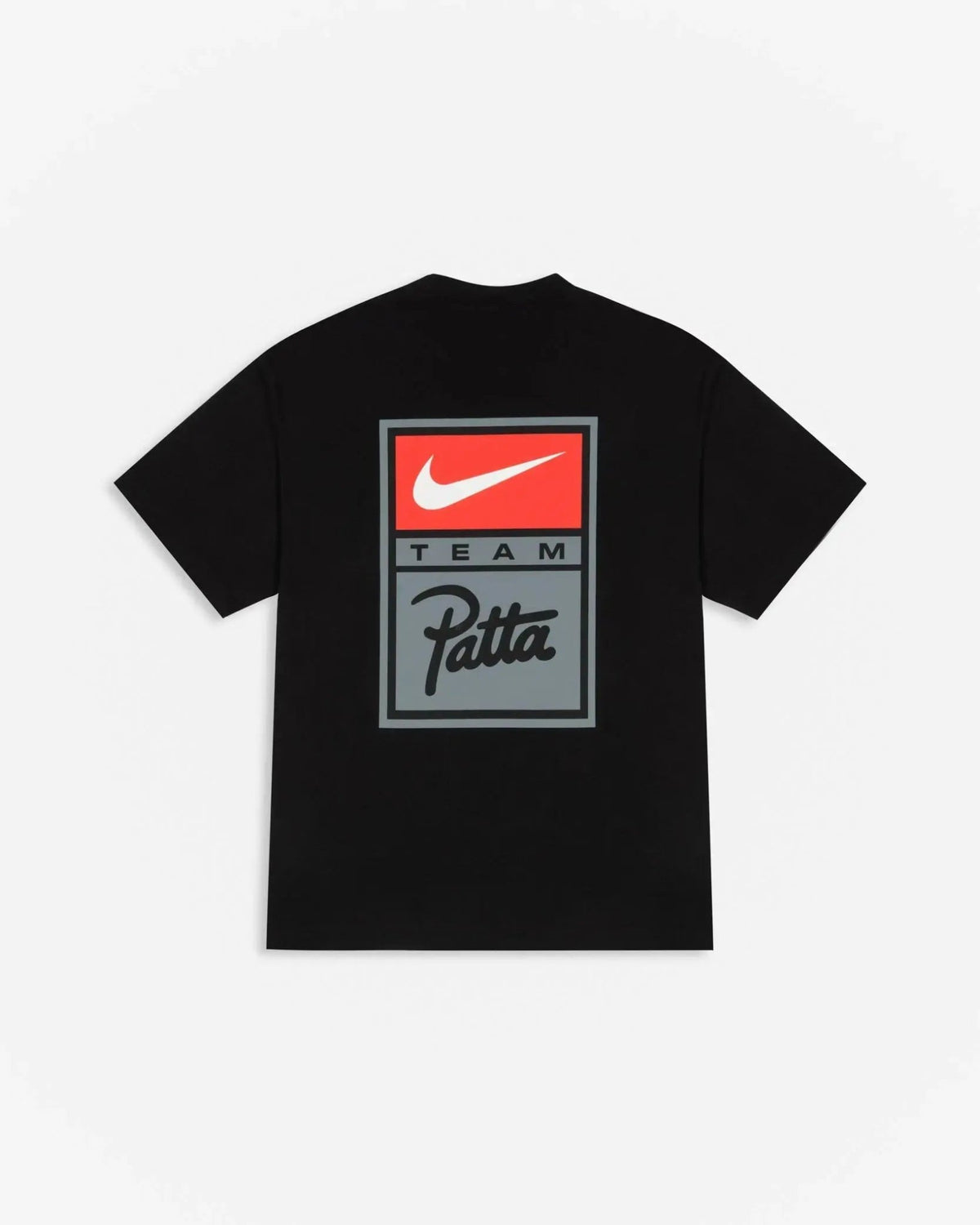 Back view of black Patta x Nike NRG T-shirt featuring a Team Patta and Nike Swoosh graphic badge.