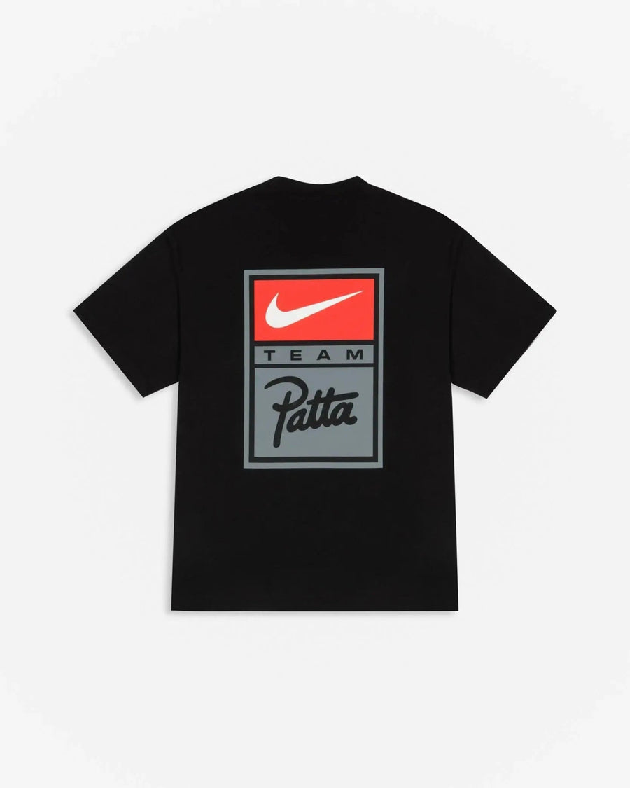 Back view of black Patta x Nike NRG T-shirt featuring a Team Patta and Nike Swoosh graphic badge.