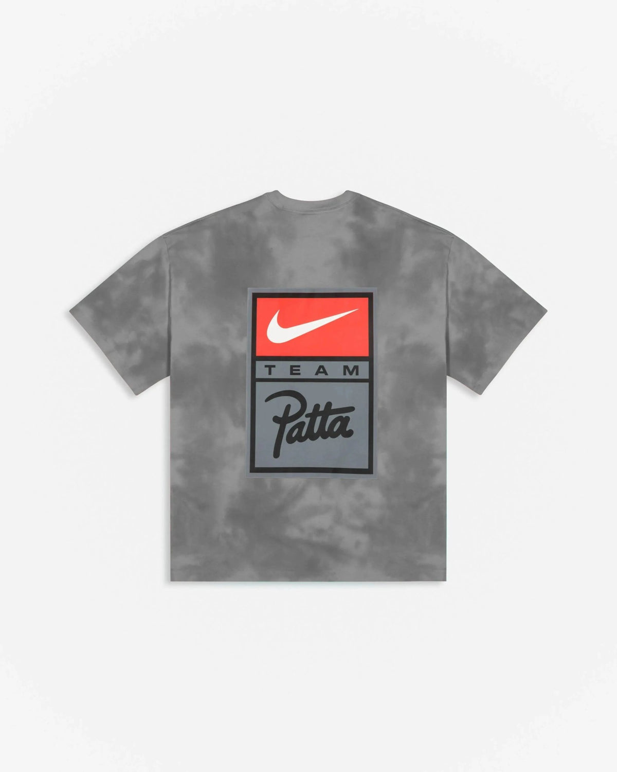 Back view of the grey washed Patta x Nike NRG T-shirt featuring a large team logo graphic patch.
