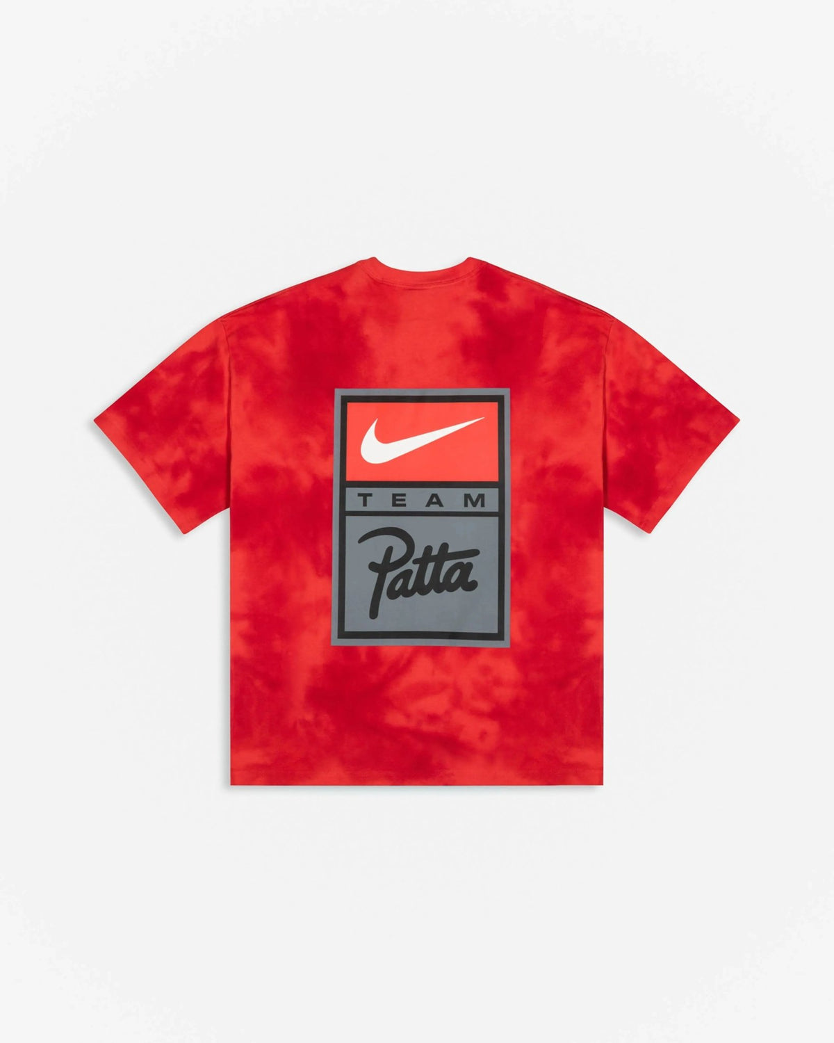 Back view of Patta x Nike NRG washed red tie-dye T-shirt featuring a large Team Patta Nike graphic badge.