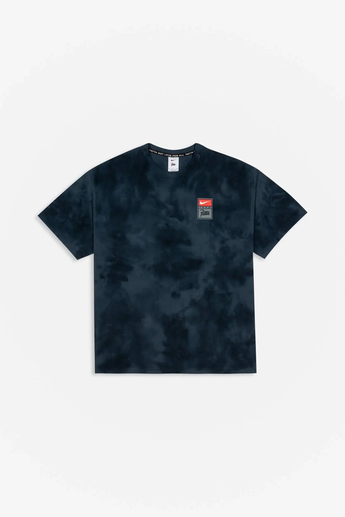 Patta x Nike NRG washed dark blue tie-dye cotton T-shirt with chest logo badge.