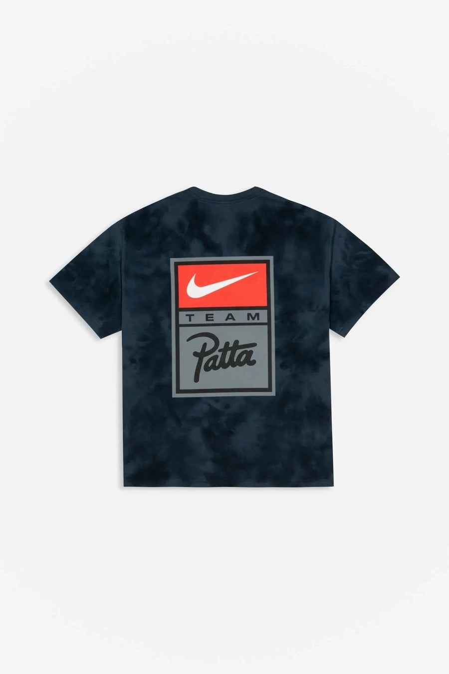 Back view of Patta x Nike NRG washed blue tie-dye T-shirt featuring a large Team Patta graphic print.