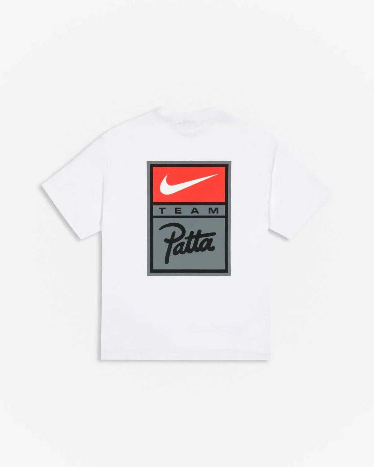 Back view of the white Patta x Nike NRG T-shirt featuring a large Team Patta graphic.