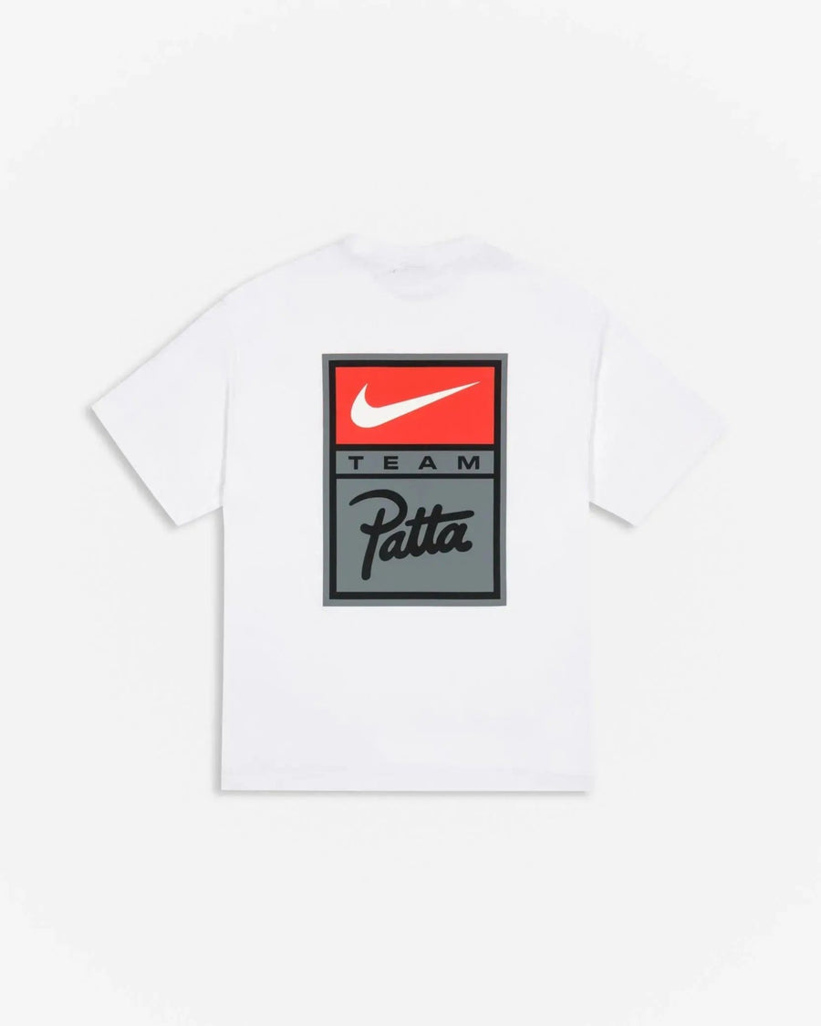Back view of the white Patta x Nike NRG T-shirt featuring a large Team Patta graphic.