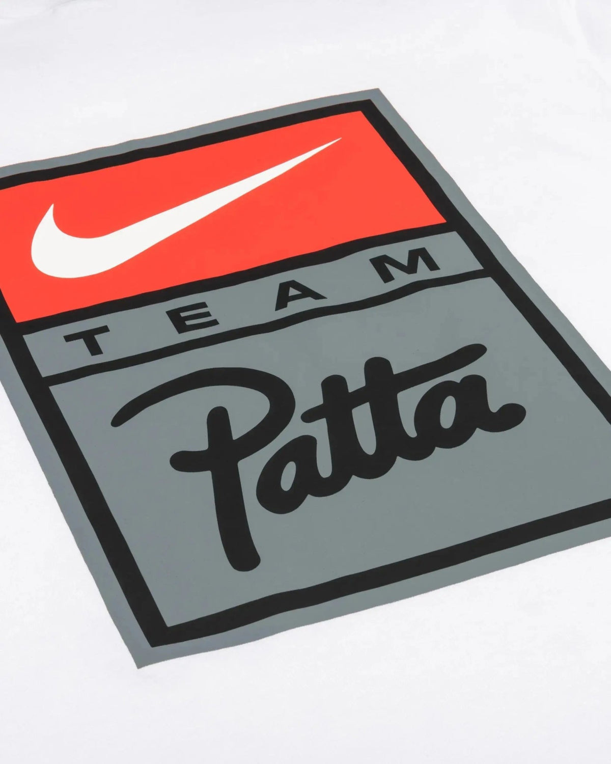 Close-up of the red and grey Nike Team Patta graphic logo on the white Patta x Nike NRG T-shirt.