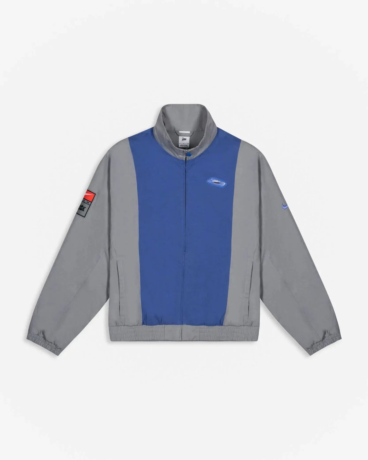 Front view of the Patta x Nike NRG track jacket in particle grey with sapphire blue paneling.