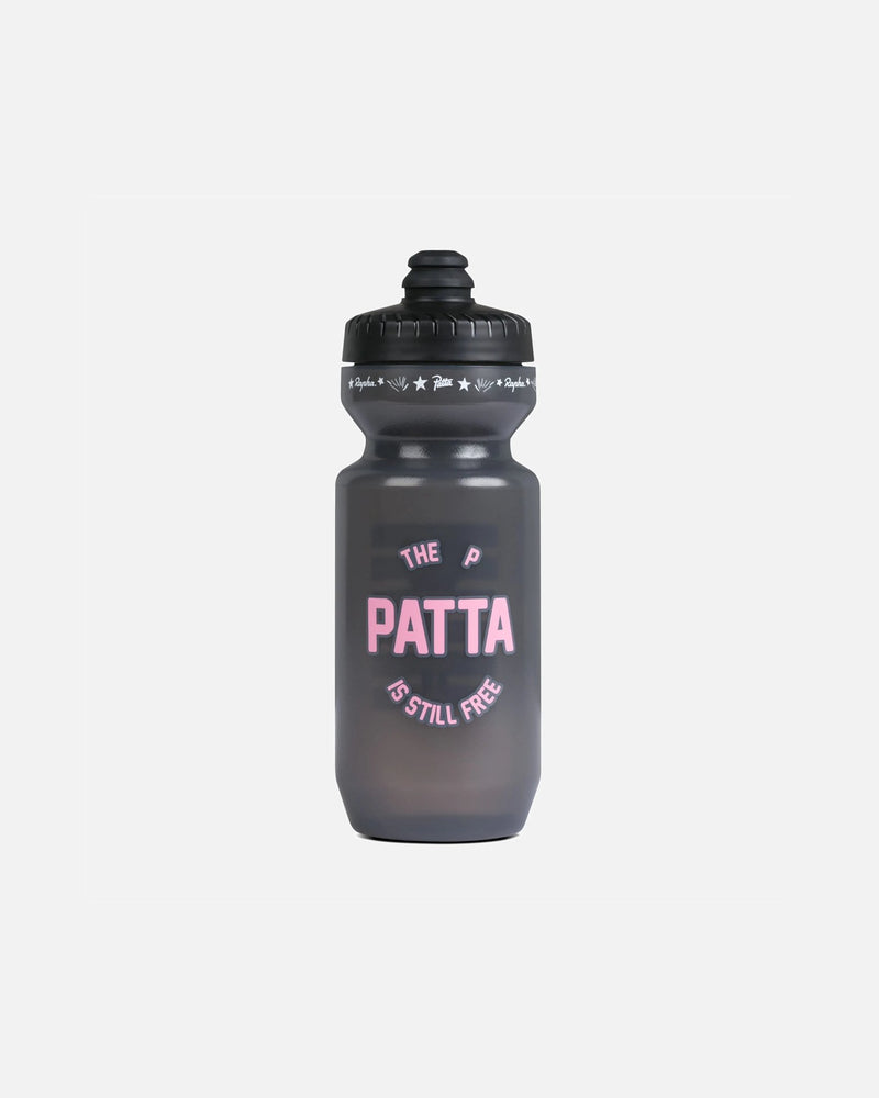 Patta x Rapha cycling water bottle in translucent black with pink graphic branding.
