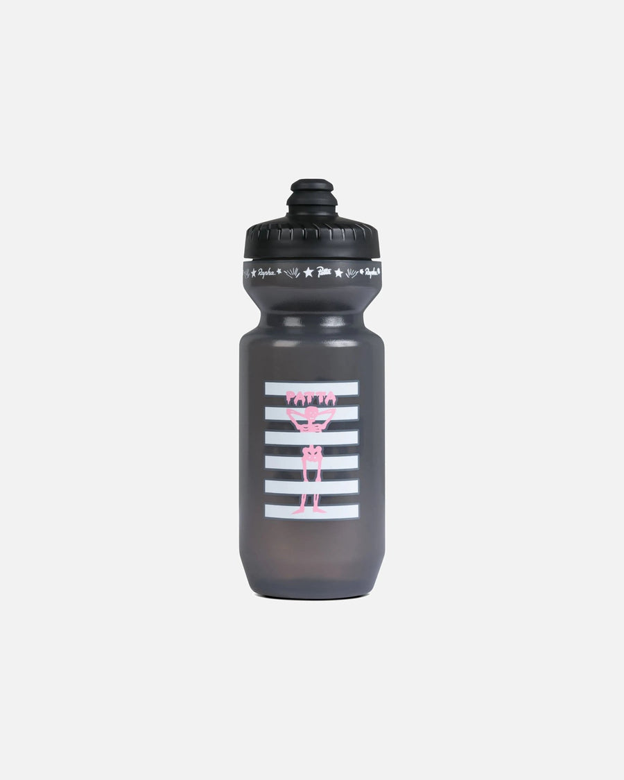Patta x Rapha cycling bidon in translucent black featuring a pink skeleton graphic over white stripes.