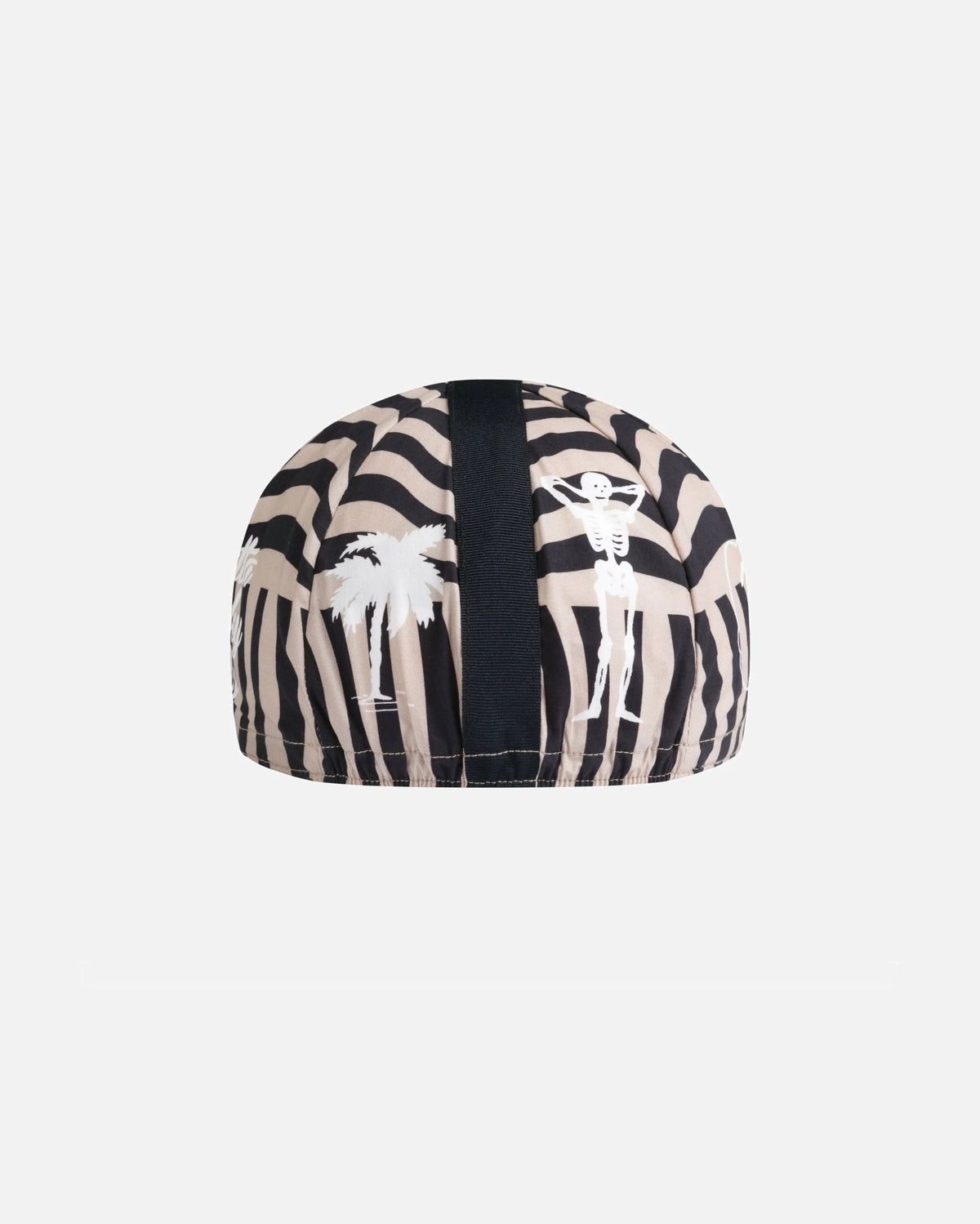 Back view of the Patta x Rapha Cap II in black and stone stripe print with skeleton and palm tree graphics.